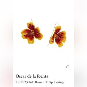 NWT Ladies Beautiful OSCAR DE LA RENTA Yellow and Red Tulip On 14K Gold Earrings